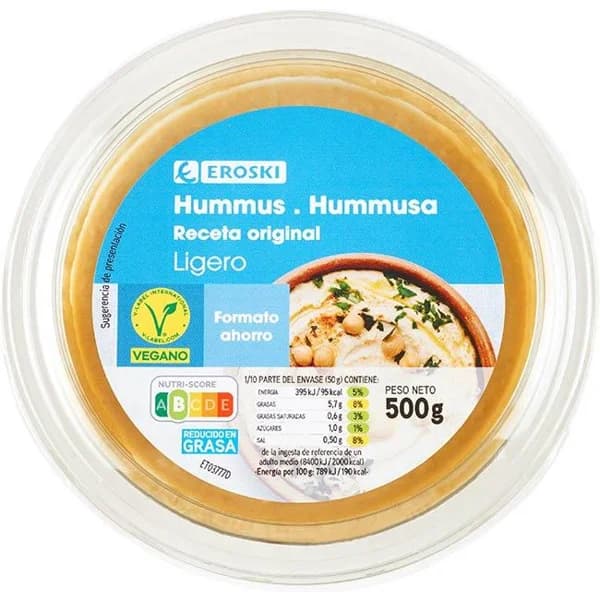Hummus clásico ligero EROSKI, tarrina 500 g - 0.5 kg - Imagen del producto en Findit