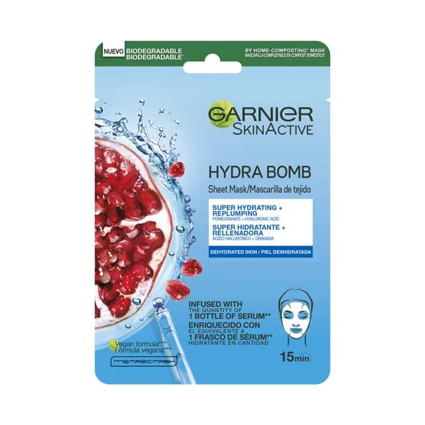 GARNIER Mascarilla de tela Hydra Bomb, hidratante y revitalizante, con granada antioxidante, ácido hialurónico GARNIER Skin active. - 1 ud - Imagen del producto en Findit