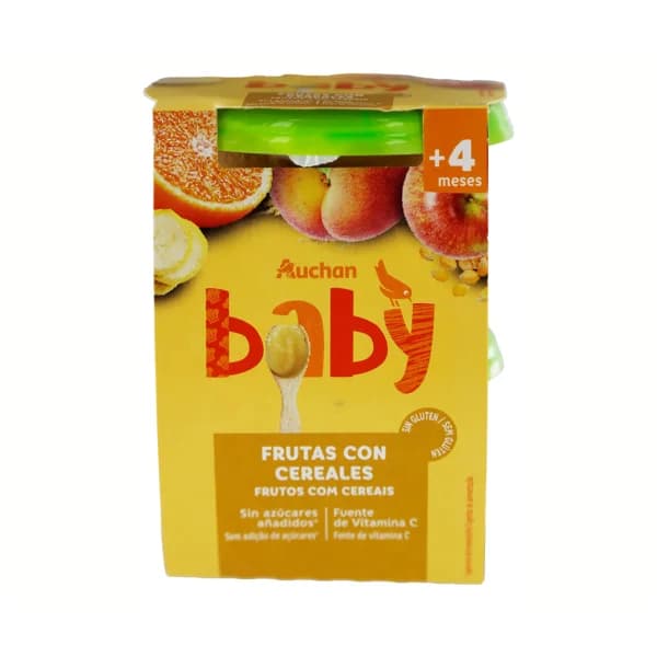 PRODUCTO ALCAMPO Baby Tarritos de fruta (manzana, melocotón, plátano y naranaja) con cereales, a partir de 4 meses 2 x 200 g. - 0.4 kg - Imagen del producto en Findit