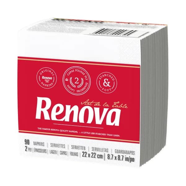 RENOVA Servilletas de papel desechables blancas, 22 x 22 cm doble capa RENOVA 90 uds. - 1 ud - Imagen del producto en Findit