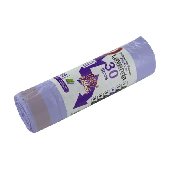 PRODUCTO ALCAMPO Bolsas de basura, lila con autocierre y aroma lavanda capacidad 30 litros 55 x 60 cm 20 uds. - 1 ud - Imagen del producto en Findit