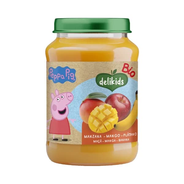 DELIKIDS Bio Peppa pig Tarrito de frutas ecológicas (manzana, mango y plátano), a partir de 6 meses 190 g. - 0.19 kg - Imagen del producto en Findit