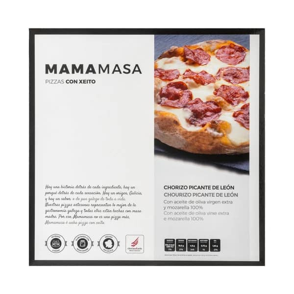 MAMAMASA Pizza congelada de chorizo picante de León, con aceite de oliva virgen extra y mozarella 370 g. - 0.37 kg - Imagen del producto en Findit