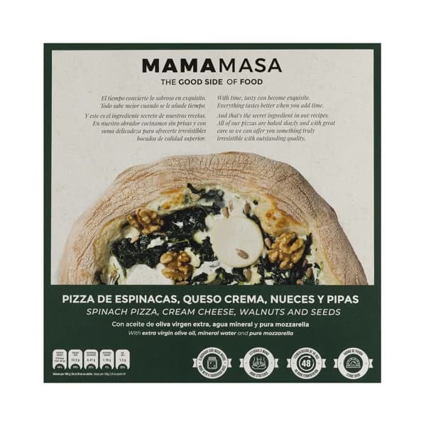 MAMAMASA Pizza congelada de espinacas, queso crema, nueces y pipas 420 g. - 0.42 kg - Imagen del producto en Findit