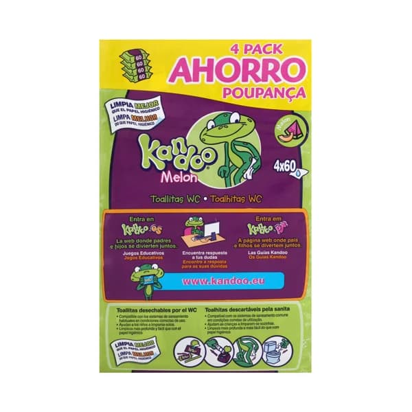 KANDOO Toallitas humedas desechables por el WC, con aroma a melón KANDDO 4 x 60 uds. - 1 ud - Imagen del producto en Findit