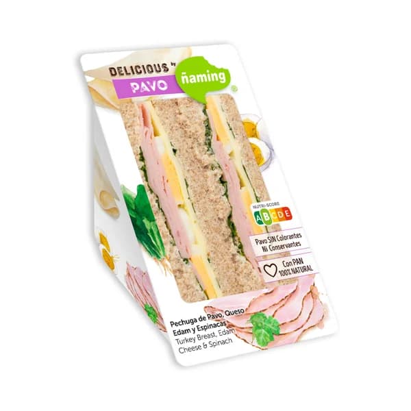 ÑAMING Sándwich de pan blanco, pechuga de pavo, queso Edan, huevo cocio y espinacas ÑAMING Delicious 200 g. - 0.2 kg - Imagen del producto en Findit