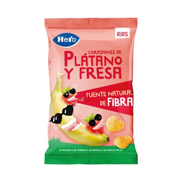 HERO Snacks infantiles sin azúcares añadidos, de maíz con corazones de plátano y fresa, a partir de 36 meses HERO Kids 30 g. - 1 ud - Imagen del producto en Findit