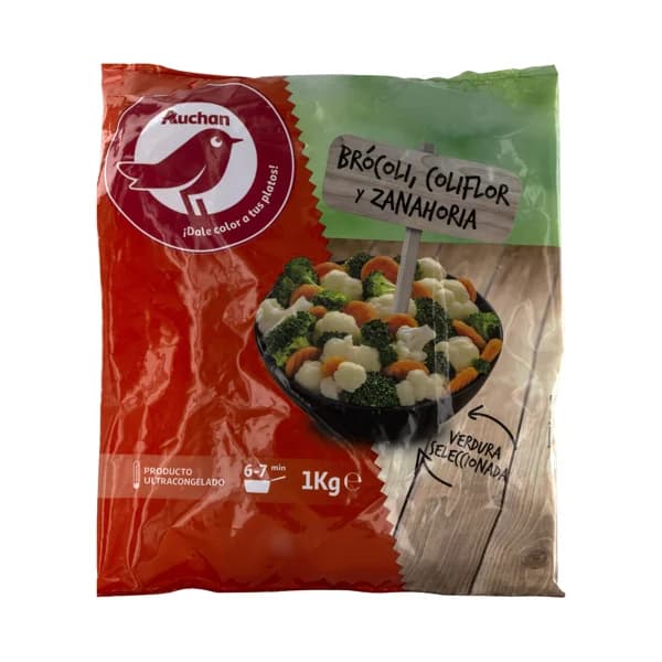 AUCHAN Brócolí, coliflor y zanahorias, limpias, troceadas y ultracongeladas 1 kg. Producto Alcampo - 1 kg - Imagen del producto en Findit