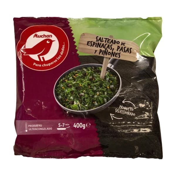 AUCHAN Salteado de espinacas, pasas y piñones 400 g. Producto Alcampo - 0.4 kg - Imagen del producto en Findit