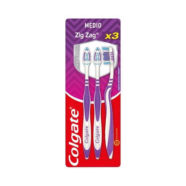COLGATE Cepillo de dientes medio, con filamentos cruzados y cuello flexible COLGATE Zig zag 3 uds. - 1 ud - Imagen del producto en Findit