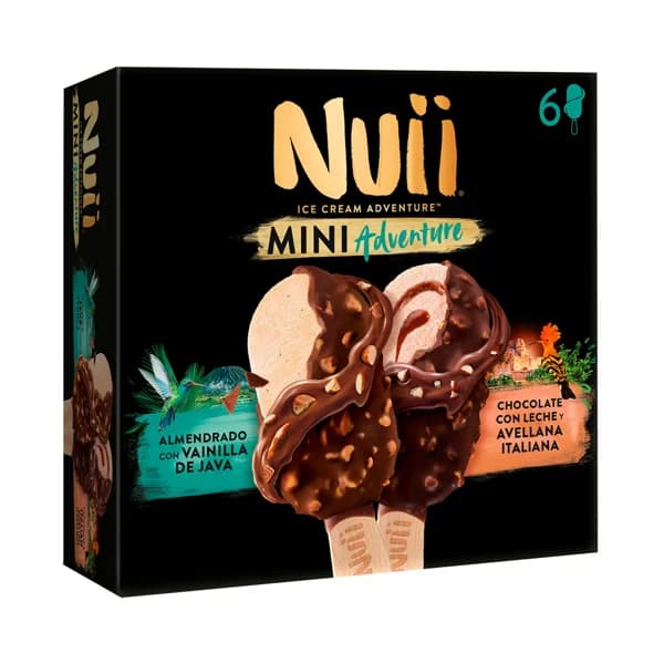 NUII Adventure Mini helados de vainilla de Java (3) y de avellana italiana (3), recubiertos de chocolate con leche 6 x 55 ml. - 0.33 l - Imagen del producto en Findit