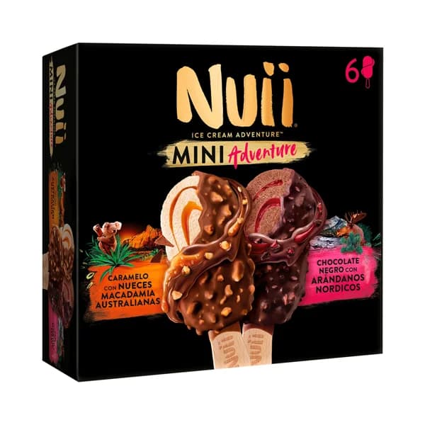 NUII Mini helados de caramelo con nueces Macadamia (3) y de arándanos nórdicos (3), recubiertos de chocolate 6 x 55 ml. - 0.33 l - Imagen del producto en Findit
