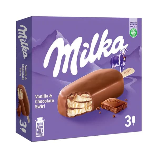 MILKA Helado de vainilla con chocolate con leche (leche proviniente de los Alpes) recubierto de chocolate con leche 3 x 90 ml. - 0.27 l - Imagen del producto en Findit