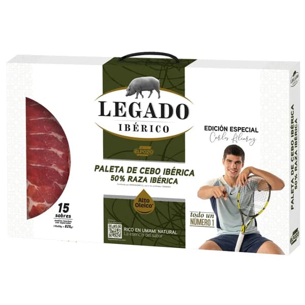 LEGADO IBÉRICO Maletín con 15 sobres de 55 g. de paleta de cebo ibérica (50% raza ibérica), cortada en lonchas LEGAOO IBÉRICO de El Pozo 825g. - 0.75 kg - Imagen del producto en Findit