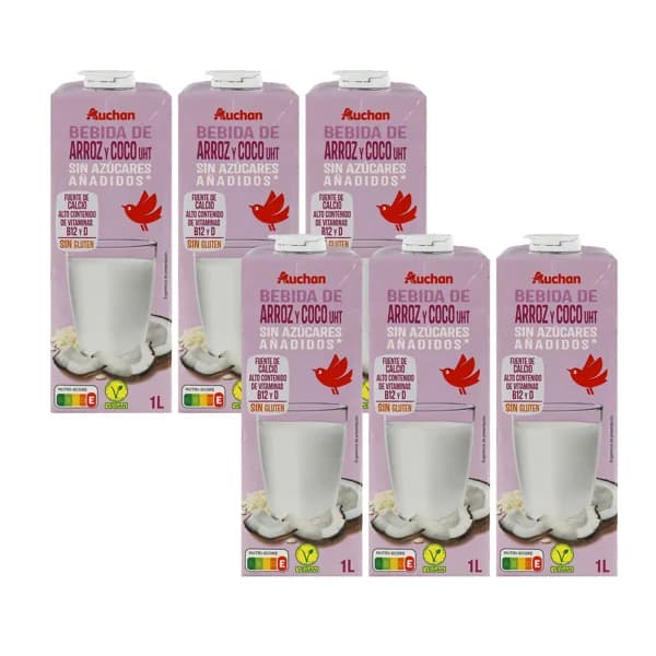 AUCHAN Bebida de coco y arroz sin azúcares añadidos ni gluten 6 x 1 l. Producto Alcampo - 6 l - Imagen del producto en Findit