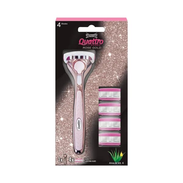 WILKINSON Maquinilla recargable de depilación femenina, con cabezal de 4 hojas + 4 recambios WILKINSON Quattro rose gold. - 1 ud - Imagen del producto en Findit