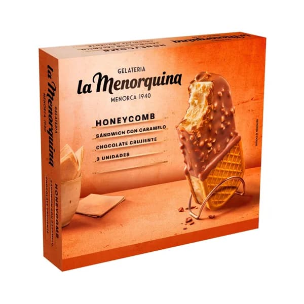 LA MENORQUINA Sandwich de helado de caramelo recubierto de chocolate crujiente 3 x 160 ml. - 0.48 kg - Imagen del producto en Findit