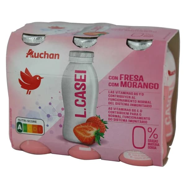 AUCHAN Leche fermentada con Lcasei, 0% materia grasa y sabor a fresa 6 x 100 g. Producto Alcampo - 0.6 kg - Imagen del producto en Findit
