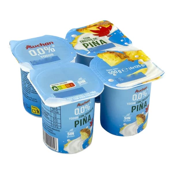 AUCHAN Yogur desnatado (0% materia grasa) con trocitos de piña 4 x 125 g. Producto Alcampo - 0.5 kg - Imagen del producto en Findit