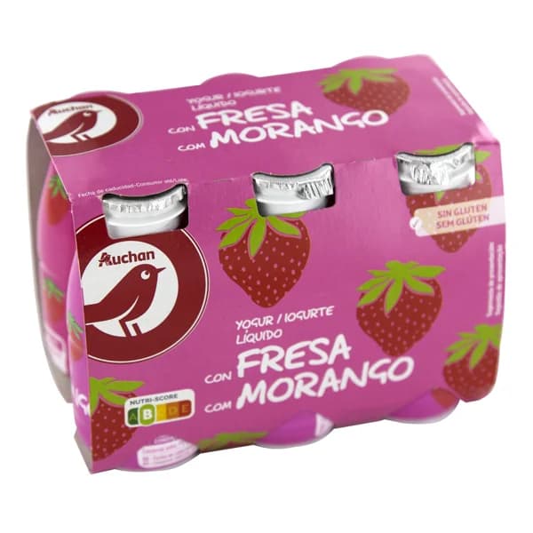 AUCHAN Yogur líquido para beber con fresa, elaborado sin gluten 6 x 93.5 ml. Producto Alcampo - 0.6 kg - Imagen del producto en Findit