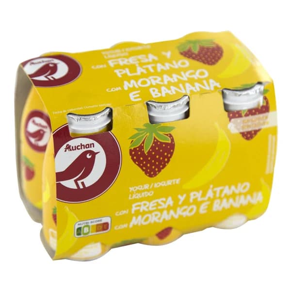AUCHAN Yogur líquido para beber con fresa y plátano 6 x 100 g. Producto Alcampo - 0.6 kg - Imagen del producto en Findit