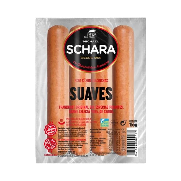 SCHARA Salchichas cocidas y ahumadas tipo Frankfurt de sabor suave SCHARA 155 g. - 0.16 kg - Imagen del producto en Findit