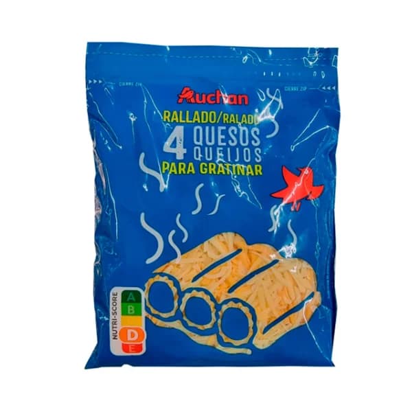 AUCHAN Queso rallado mezcla (cheddar rojo, gouda, emmental y queso curado) 200 g. Producto Alcampo - 0.2 kg - Imagen del producto en Findit