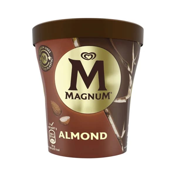 MAGNUM Tarrina de helado de vainilla, trocitos de almendras y láminas de chocolate con leche 440 ml. - 0.44 l - Imagen del producto en Findit