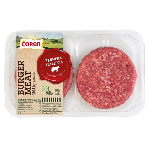 Bandeja con burger meat de ternera gallega COREN 2 x 120 g. - 0.24 kg - Imagen del producto en Findit