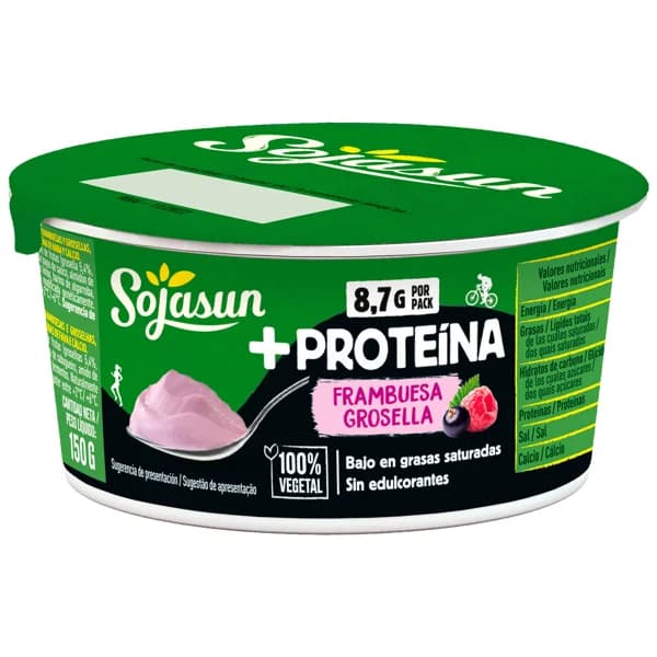 SOJASUN + Proteína Especialidad de soja 100% vegetal, con frambuesas y grosellas, con alto contenido en proteínas 150 g. - 0.15 kg - Imagen del producto en Findit