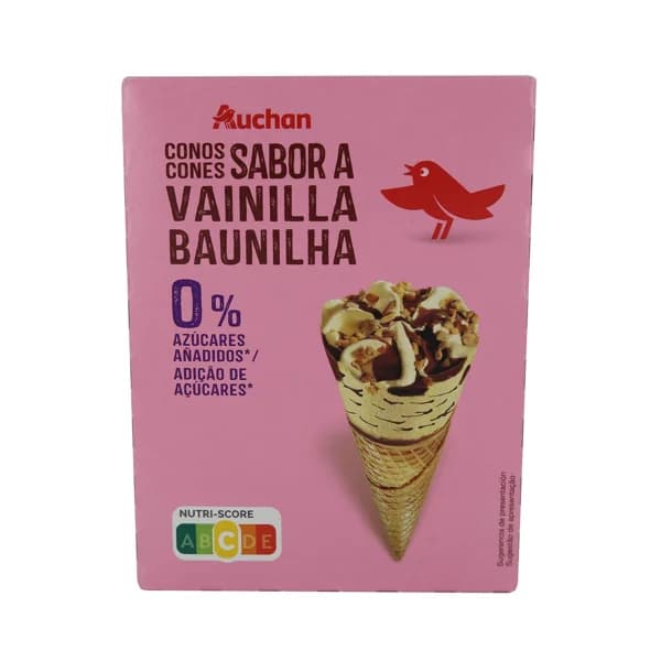 AUCHAN Conos de helado sabor a vainilla con trocitos de almendras, sin azucares añadidos 4 x 120 ml. Producto Alcampo - 0.48 l - Imagen del producto en Findit