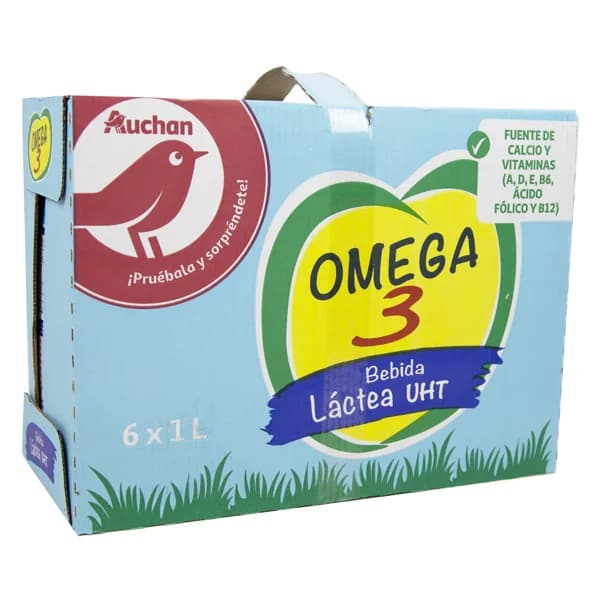 AUCHAN Preparado lácteo desnatado, enriquecido con Omega 3 y vitaminas A, D, E, B6 y B12 6 x 1l. Producto Alcampo - 6 l - Imagen del producto en Findit