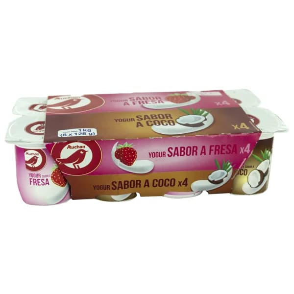 AUCHAN Yogures de sabores variados (4 de fresa y 4 de coco) 8 x 125 g. Producto Alcampo - 1 kg - Imagen del producto en Findit