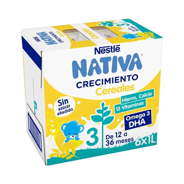 NATIVA Crecimiento de Nestlé Leche (3) de crecimiento con cereales, de 12 a 36 meses 6 x 1 l. - 6 l - Imagen del producto en Findit
