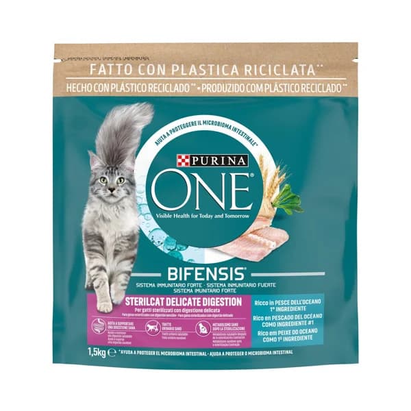 PURINA ONE Pienso para gatos esterilizados propensos a digestiones sensibles, rico en salmón PURINA ONE SENSITIVE 1,5 kg. - 1.5 kg - Imagen del producto en Findit