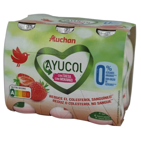 AUCHAN Ayucol con sabor a fresa, para ayudar a controlar el colesterol 6x100 g Producto Alcampo. - 0.6 kg - Imagen del producto en Findit