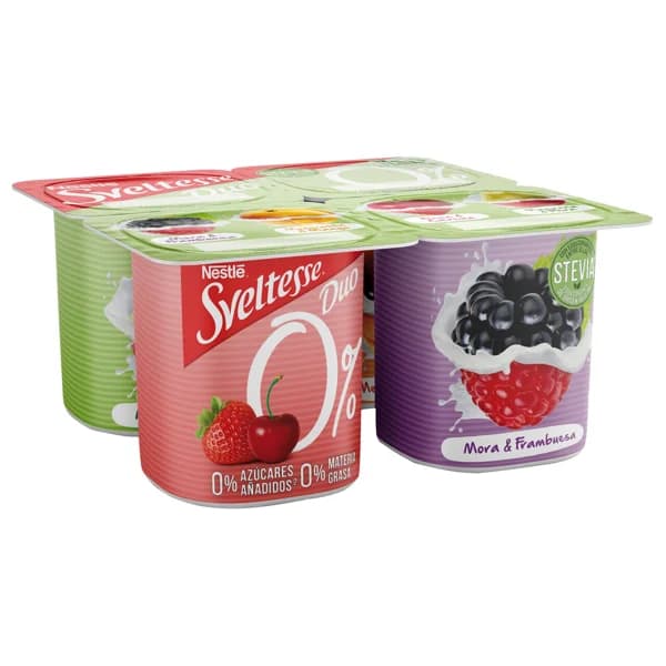 SVELTESSE Yogur desnatado (0% materia grasa) con trozos de fruta y stevia Duo 0% 4 x 120 g. - 0.48 kg - Imagen del producto en Findit