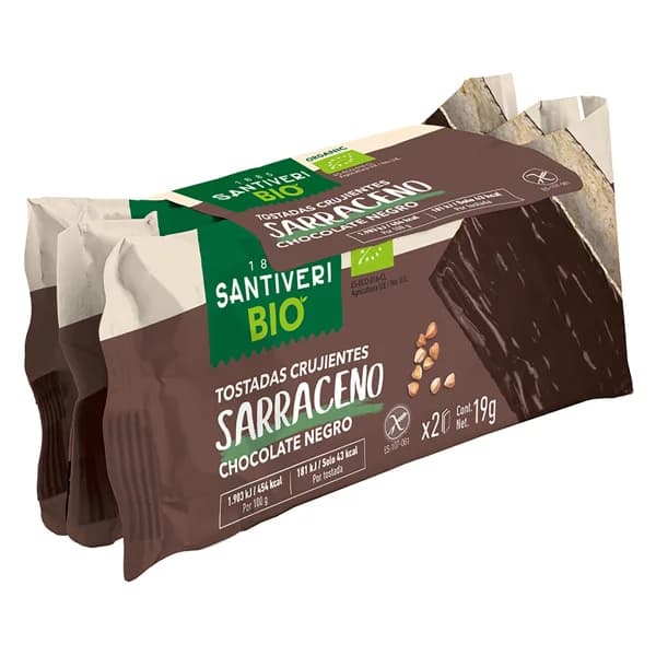 SANTIVERI Tostadas ligeras con sarraceno bañadas en chocolate negro ecológicas SANTIVERI 3 uds. x 19 g. - 0.06 kg - Imagen del producto en Findit