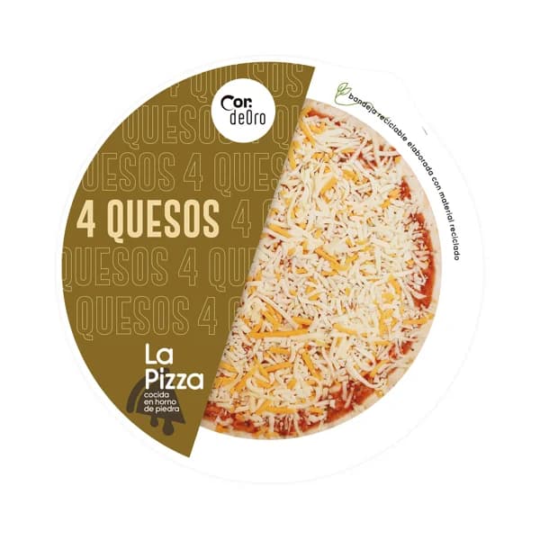 DEORO Pizza fresca 4 quesos (Cheddar, Edam, Gouda, Mozzarella), cocida en horno de piedra DEORO 380 g. - 0.38 kg - Imagen del producto en Findit