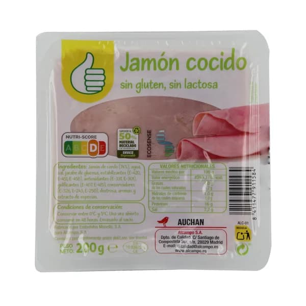 PRODUCTO ECONÓMICO ALCAMPO Jamón cocido cortado en lonchas, sin gluten y sin lactosa PRODUCTO ECONÓMICO ALCAMPO 200 g. - 0.2 kg - Imagen del producto en Findit