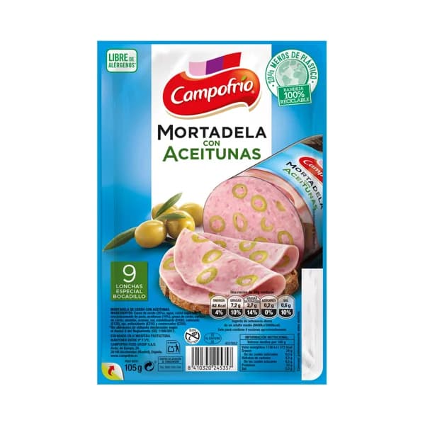 Mortadela con aceitunas cortada lonchas especiales para bocadillo CAMPOFRÍO 105 g. - 0.1 kg - Imagen del producto en Findit