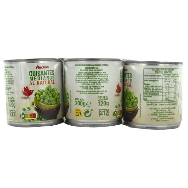 PRODUCTO ALCAMPO Guisantes medianos al natural 3 uds. 120 g. - 0.36 kg - Imagen del producto en Findit