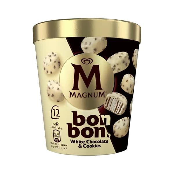 MAGNUM Bonbon de Frigo Bonbones helados de nata con salsa de cacao con galleta, recubiertos chocolate blanco 12 uds. - 0.2 l - Imagen del producto en Findit