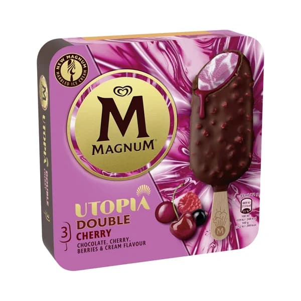 MAGNUM Utopia doble cherry Helado de frutas del bosque, nata y salsa de guinda, recubierto chocolate con leche 3 x 85 ml. - 0.26 l - Imagen del producto en Findit