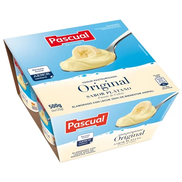 PASCUAL Yogur pasteurizado con sabor a plátano 4 x 125 g. - 0.5 kg - Imagen del producto en Findit