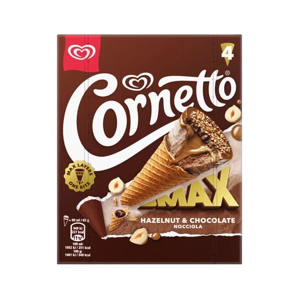 CORNETTO Max de Frigo Cono de chocolate con helado de avellana y chocolate 3 x 90 ml. - 0.36 l - Imagen del producto en Findit
