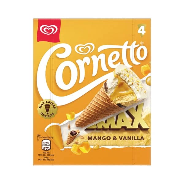 CORNETTO Max de Frigo Helado de mango y vainilla con chocolate blanco 4 x 90 ml. - 0.36 l - Imagen del producto en Findit