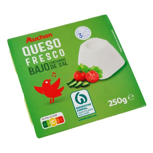 AUCHAN Queso fresco bajo contenido de sal 4 uds. 62,5 g. Producto Alcampo - 0.25 kg - Imagen del producto en Findit