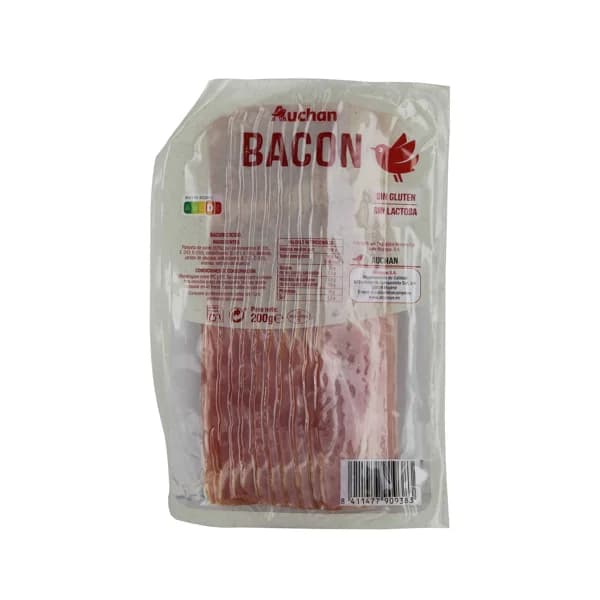 AUCHAN Bacon cocido cortado en lonchas, elaborado sin gluten y sin lactosa 200 g. Producto Alcampo - 0.2 kg - Imagen del producto en Findit