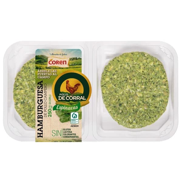 Bandeja con hamburguesas de pollo de corral con espinacas COREN 2 x 125 g. - 0.25 kg - Imagen del producto en Findit
